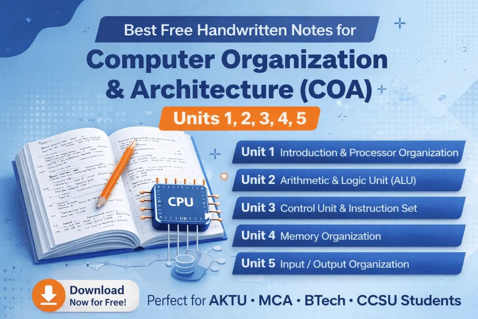 Computer Organization and Architecture (COA) Handwritten Notes – Unit 1 to 5 (Download Now)